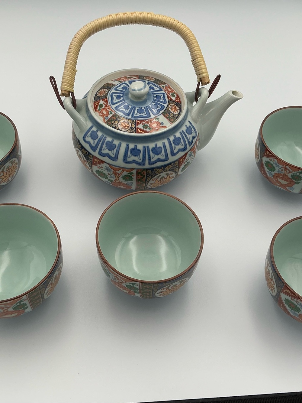 Decorative Japanese-Style Porcelain Tea Set - Aqua Interior, Multicolor Exterior